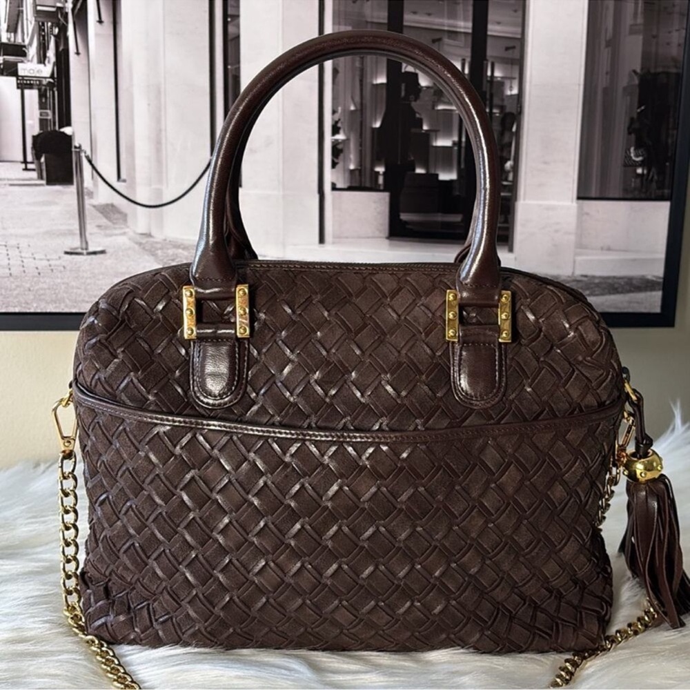BALLY Elegant Brown Woven Suede & Leather Satchel w/Gold HDW, Chain & Tassel EUC - Picture 2 of 12